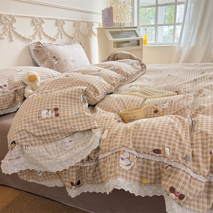 91家纺网 家纺一手货源 找家纺 吾欢心 2026新款古法水洗棉韩版公主风双层花边四件套 快乐小狗