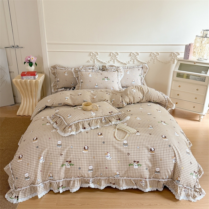 91家纺网 家纺一手货源 找家纺 吾欢心 2026新款古法水洗棉韩版公主风双层花边四件套 快乐小狗