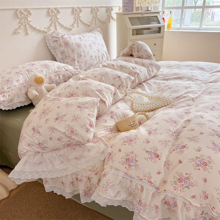 91家纺网 家纺一手货源 找家纺 吾欢心 2026新款古法水洗棉韩版公主风双层花边四件套 花园漫步