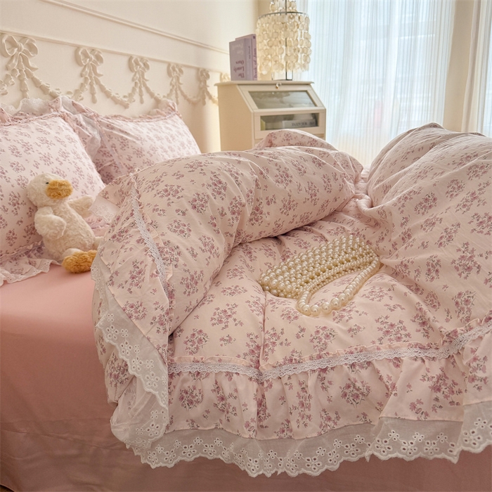 91家纺网 家纺一手货源 找家纺 吾欢心 2026新款古法水洗棉韩版公主风双层花边四件套 花韵