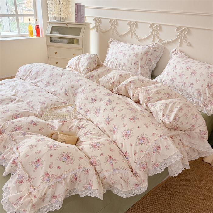 91家纺网 家纺一手货源 找家纺 吾欢心 2026新款古法水洗棉韩版公主风双层花边四件套 花园漫步