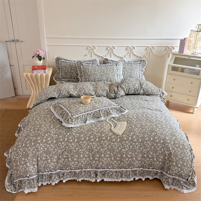 91家纺网 家纺一手货源 找家纺 吾欢心 2026新款古法水洗棉韩版公主风双层花边四件套 花间拾梦