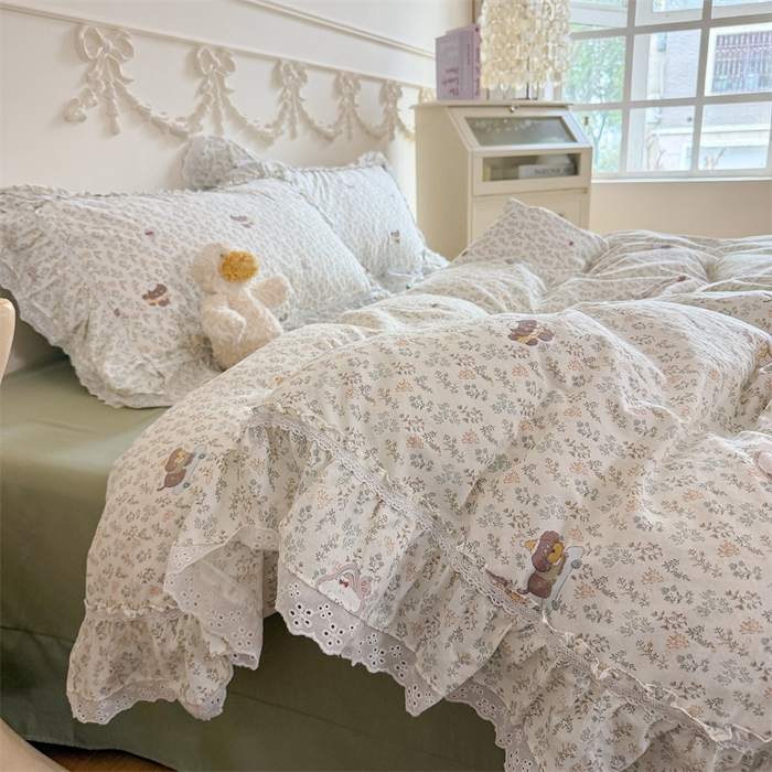 91家纺网 家纺一手货源 找家纺 吾欢心 2026新款古法水洗棉韩版公主风双层花边四件套 晚安狗