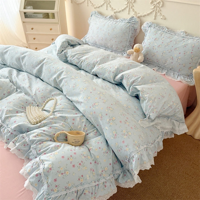 91家纺网 家纺一手货源 找家纺 吾欢心 2026新款古法水洗棉韩版公主风双层花边四件套 花开半夏