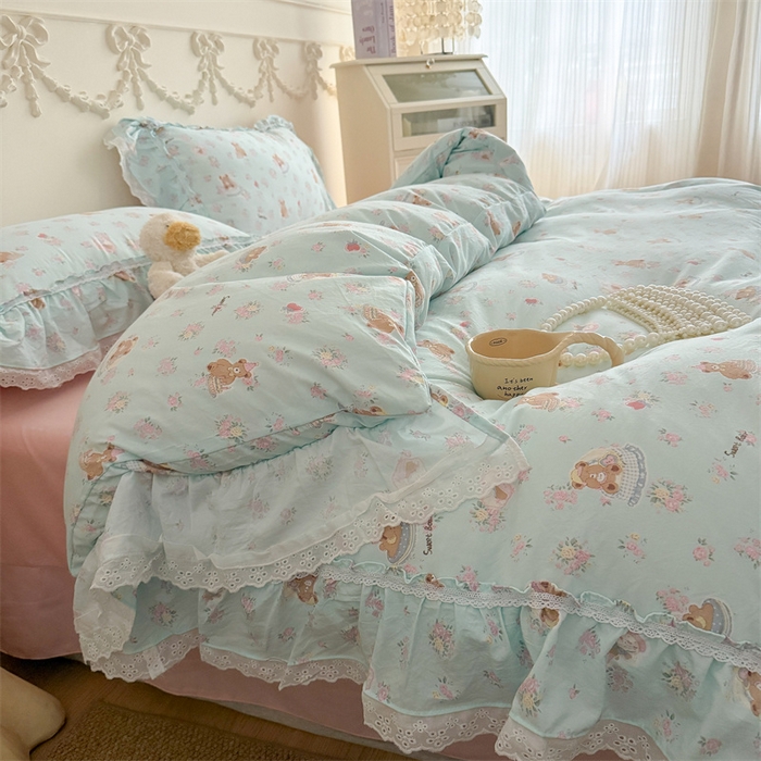 91家纺网 家纺一手货源 找家纺 吾欢心 2026新款古法水洗棉韩版公主风双层花边四件套 花园小熊