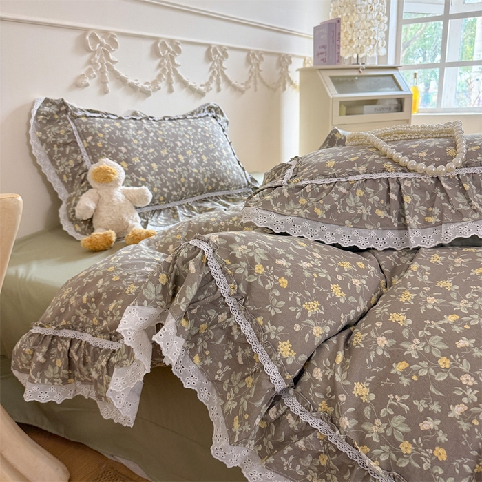 91家纺网 家纺一手货源 找家纺 吾欢心 2026新款古法水洗棉韩版公主风双层花边四件套 花间拾梦