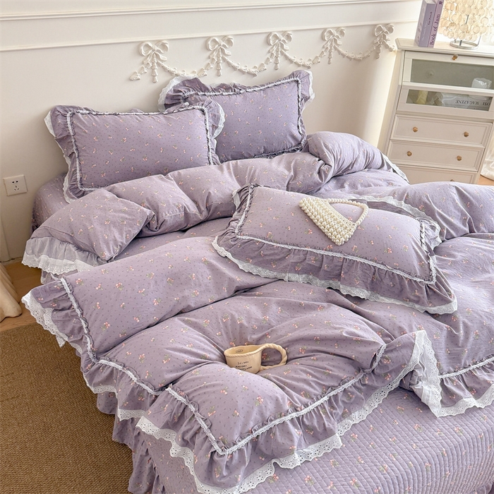 91家纺网 家纺一手货源 找家纺 吾欢心 2026新款古法水洗棉韩版公主风双层花边四件套 露花浓