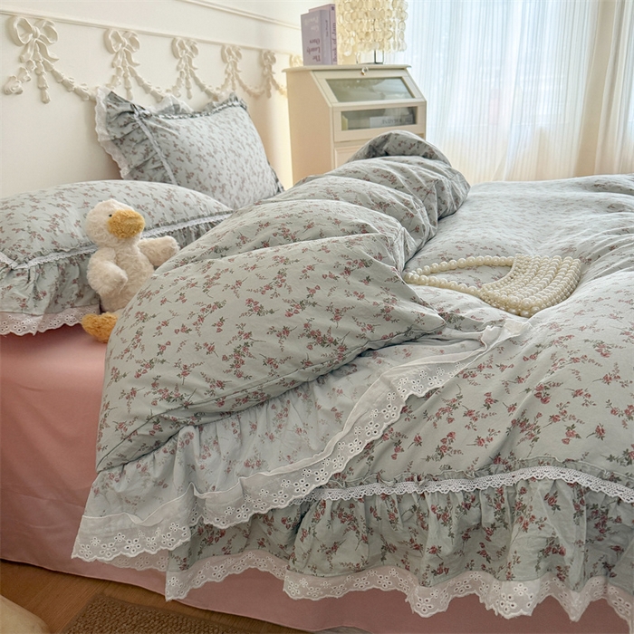 91家纺网 家纺一手货源 找家纺 吾欢心 2026新款古法水洗棉韩版公主风双层花边四件套 嫣然如梦