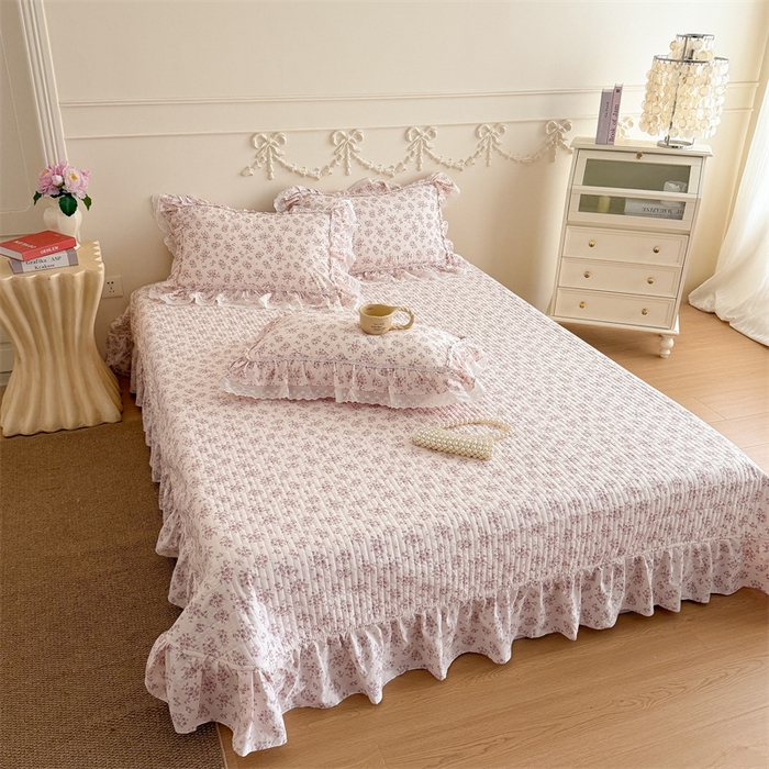 91家纺网 家纺一手货源 找家纺 吾欢心 2026新款古法水洗棉韩版公主风双层花边四件套 花韵