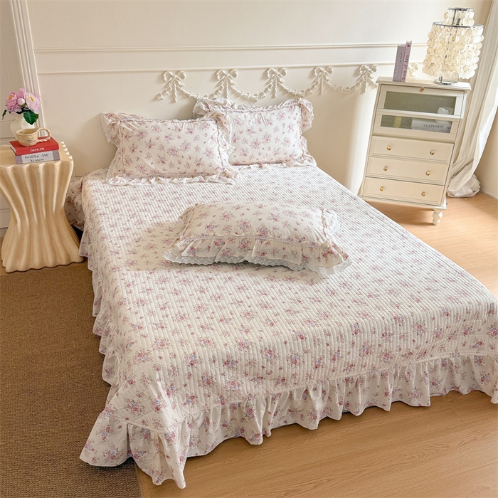 91家纺网 家纺一手货源 找家纺 吾欢心 2026新款古法水洗棉韩版公主风双层花边四件套 花园漫步