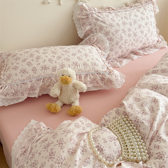 91家纺网 家纺一手货源 找家纺 吾欢心 2026新款古法水洗棉韩版公主风双层花边四件套 花韵