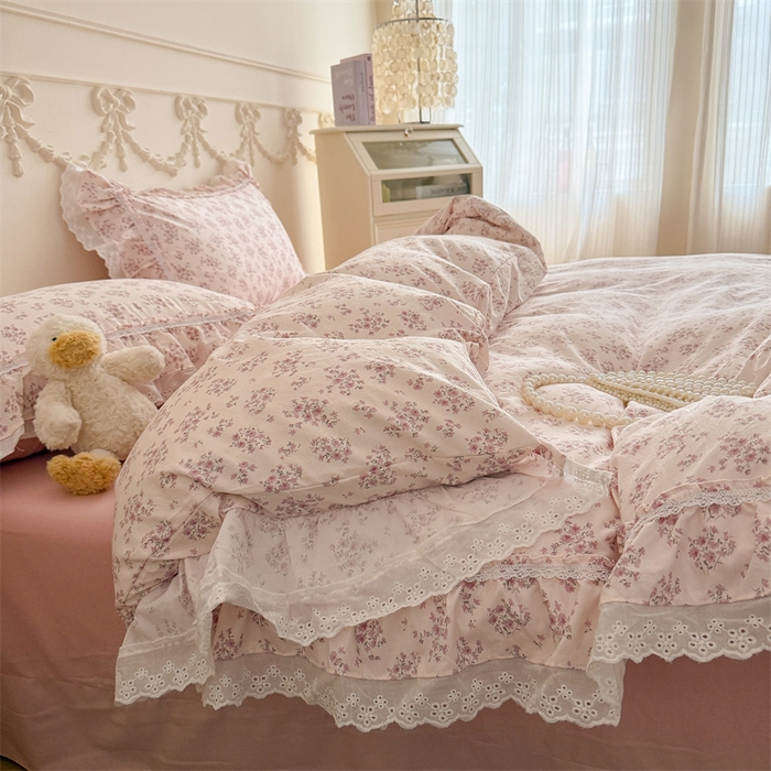 91家纺网 家纺一手货源 找家纺 吾欢心 2026新款古法水洗棉韩版公主风双层花边四件套 花韵