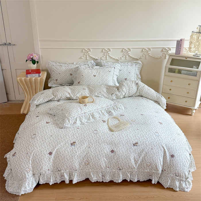 91家纺网 家纺一手货源 找家纺 吾欢心 2026新款古法水洗棉韩版公主风双层花边四件套 晚安狗