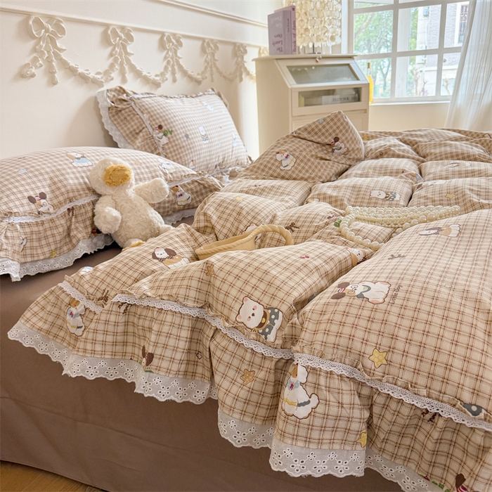 91家纺网 家纺一手货源 找家纺 吾欢心 2026新款古法水洗棉韩版公主风双层花边四件套 快乐小狗