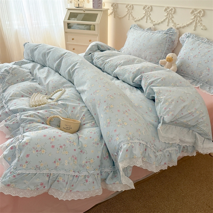 91家纺网 家纺一手货源 找家纺 吾欢心 2026新款古法水洗棉韩版公主风双层花边四件套 花开半夏