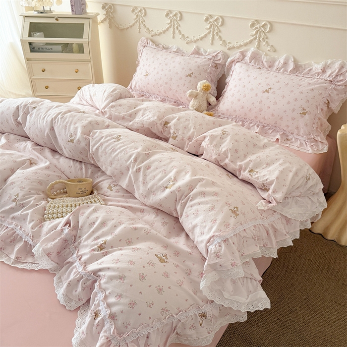 91家纺网 家纺一手货源 找家纺 吾欢心 2026新款古法水洗棉韩版公主风双层花边四件套 梦幻岛