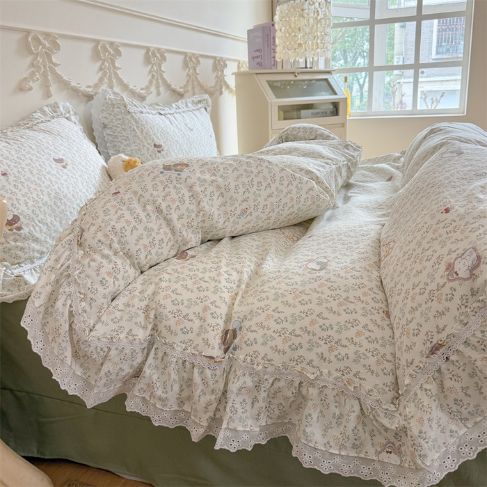 91家纺网 家纺一手货源 找家纺 吾欢心 2026新款古法水洗棉韩版公主风双层花边四件套 晚安狗