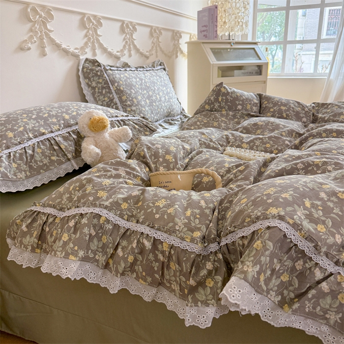 91家纺网 家纺一手货源 找家纺 吾欢心 2026新款古法水洗棉韩版公主风双层花边四件套 花间拾梦