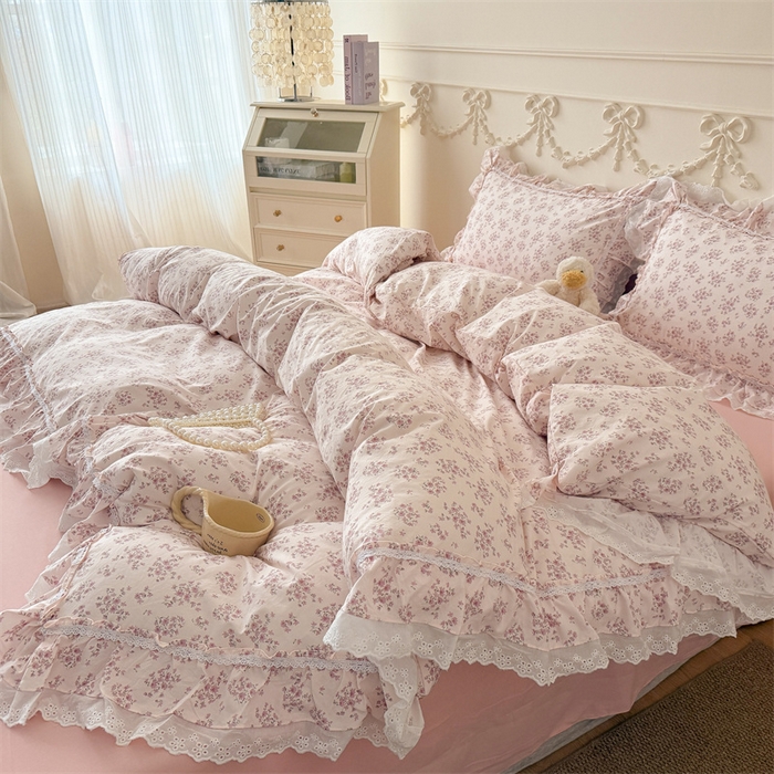 91家纺网 家纺一手货源 找家纺 吾欢心 2026新款古法水洗棉韩版公主风双层花边四件套 花韵