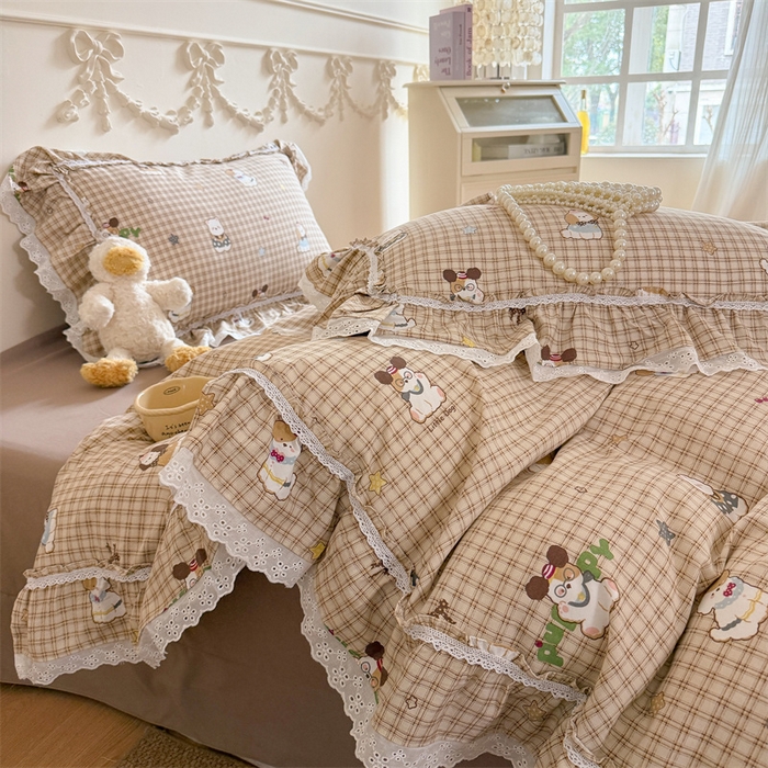 91家纺网 家纺一手货源 找家纺 吾欢心 2026新款古法水洗棉韩版公主风双层花边四件套 快乐小狗