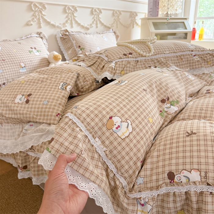 吾欢心 2026新款古法水洗棉韩版公主风双层花边四件套 快乐小狗