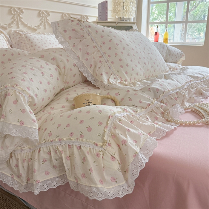 91家纺网 家纺一手货源 找家纺 吾欢心 2026新款古法水洗棉韩版公主风双层花边四件套 花仙子
