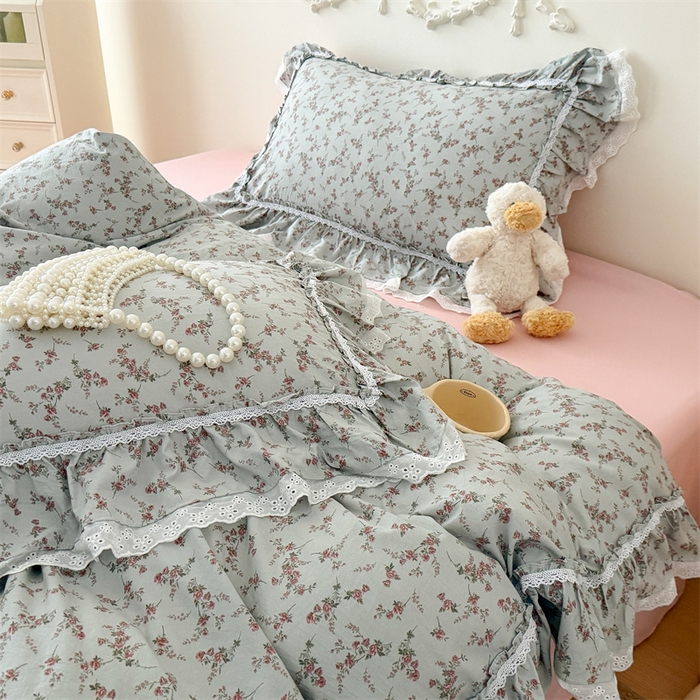 91家纺网 家纺一手货源 找家纺 吾欢心 2026新款古法水洗棉韩版公主风双层花边四件套 嫣然如梦