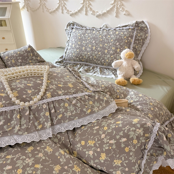 91家纺网 家纺一手货源 找家纺 吾欢心 2026新款古法水洗棉韩版公主风双层花边四件套 花间拾梦