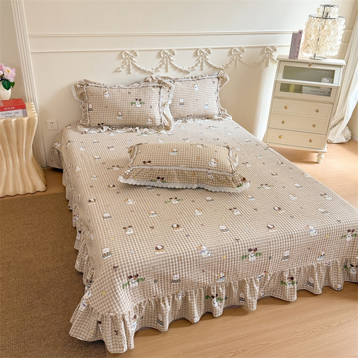 91家纺网 家纺一手货源 找家纺 吾欢心 2026新款古法水洗棉韩版公主风双层花边四件套 快乐小狗