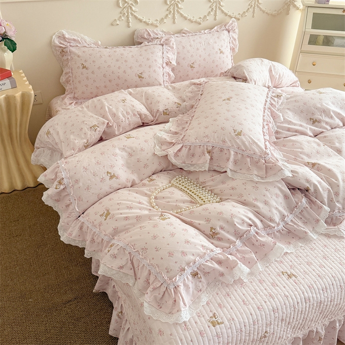 91家纺网 家纺一手货源 找家纺 吾欢心 2026新款古法水洗棉韩版公主风双层花边四件套 梦幻岛