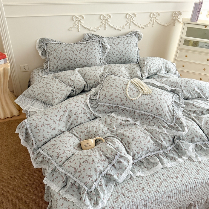 91家纺网 家纺一手货源 找家纺 吾欢心 2026新款古法水洗棉韩版公主风双层花边四件套 嫣然如梦