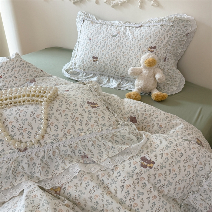 91家纺网 家纺一手货源 找家纺 吾欢心 2026新款古法水洗棉韩版公主风双层花边四件套 晚安狗