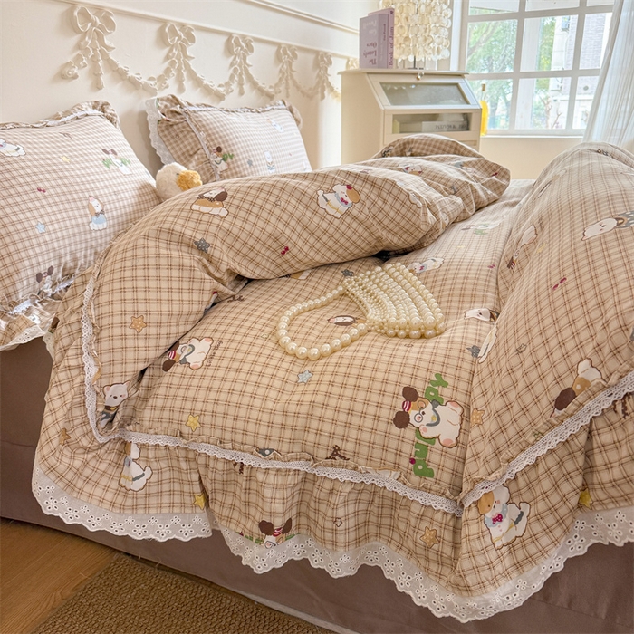 91家纺网 家纺一手货源 找家纺 吾欢心 2026新款古法水洗棉韩版公主风双层花边四件套 快乐小狗