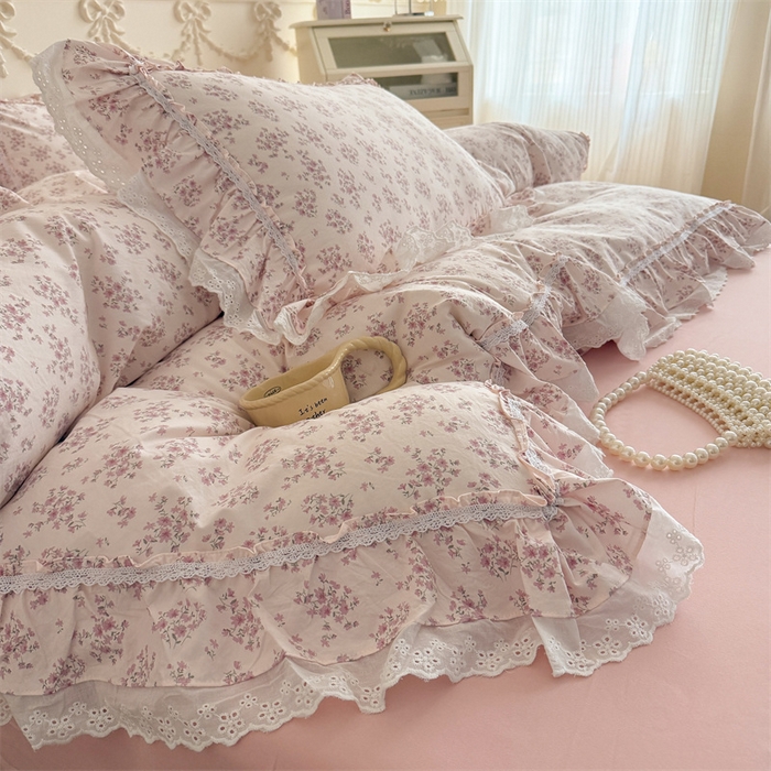 91家纺网 家纺一手货源 找家纺 吾欢心 2026新款古法水洗棉韩版公主风双层花边四件套 花韵
