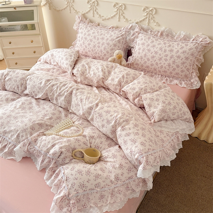 91家纺网 家纺一手货源 找家纺 吾欢心 2026新款古法水洗棉韩版公主风双层花边四件套 花韵