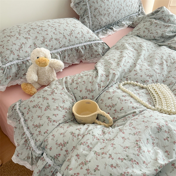 91家纺网 家纺一手货源 找家纺 吾欢心 2026新款古法水洗棉韩版公主风双层花边四件套 嫣然如梦