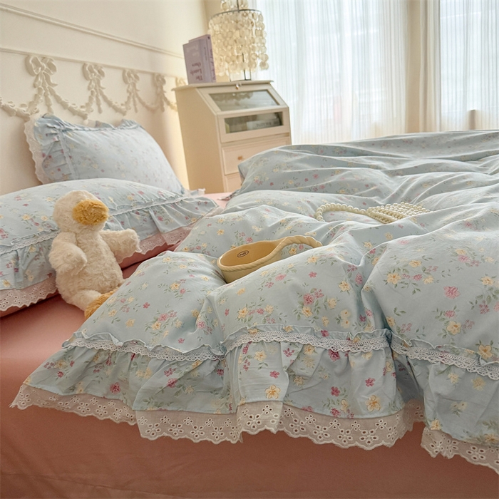 91家纺网 家纺一手货源 找家纺 吾欢心 2026新款古法水洗棉韩版公主风双层花边四件套 花开半夏