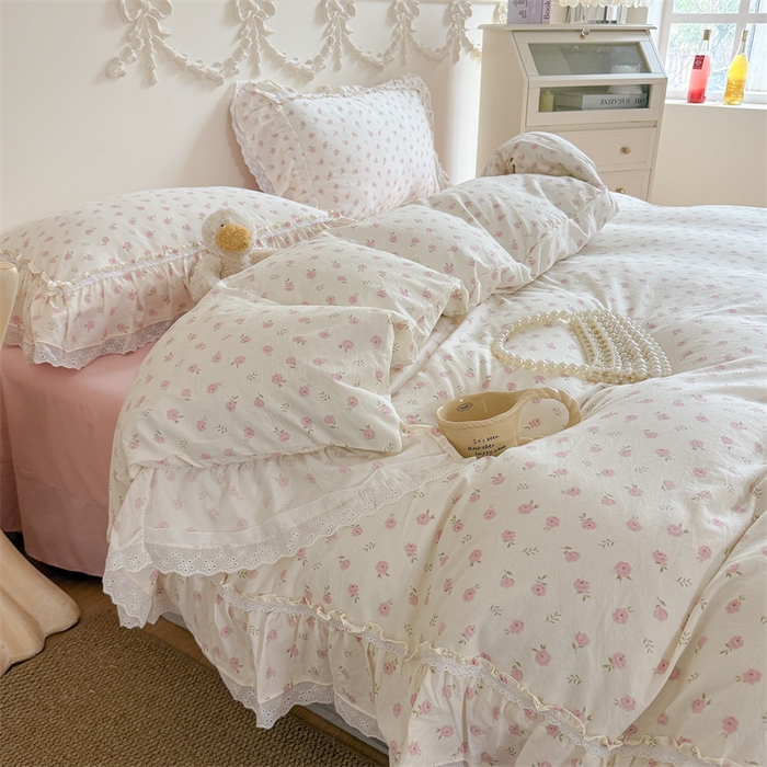 91家纺网 家纺一手货源 找家纺 吾欢心 2026新款古法水洗棉韩版公主风双层花边四件套 花仙子