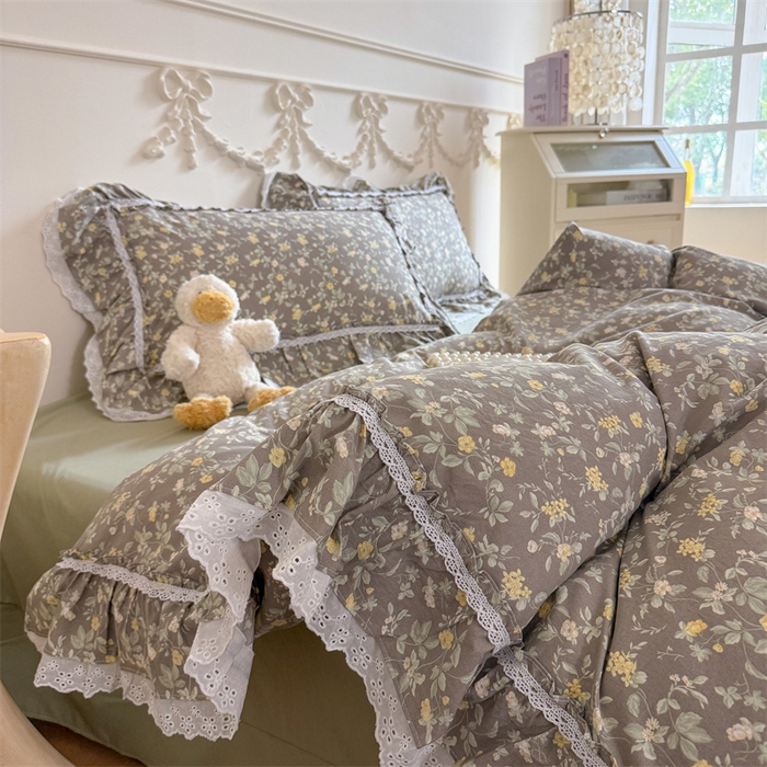 91家纺网 家纺一手货源 找家纺 吾欢心 2026新款古法水洗棉韩版公主风双层花边四件套 花间拾梦