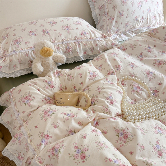91家纺网 家纺一手货源 找家纺 吾欢心 2026新款古法水洗棉韩版公主风双层花边四件套 花园漫步