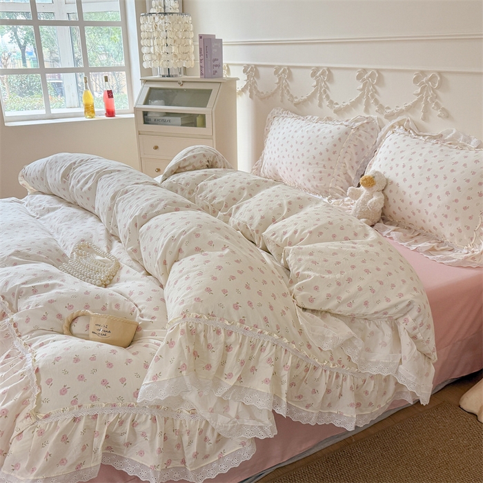 91家纺网 家纺一手货源 找家纺 吾欢心 2026新款古法水洗棉韩版公主风双层花边四件套 花仙子