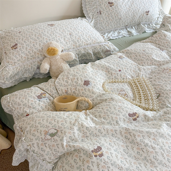 91家纺网 家纺一手货源 找家纺 吾欢心 2026新款古法水洗棉韩版公主风双层花边四件套 晚安狗