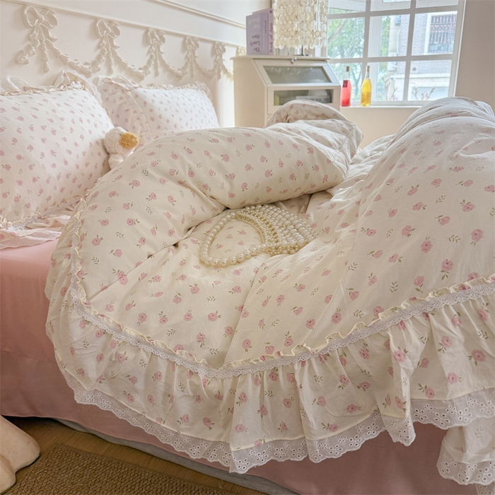 91家纺网 家纺一手货源 找家纺 吾欢心 2026新款古法水洗棉韩版公主风双层花边四件套 花仙子