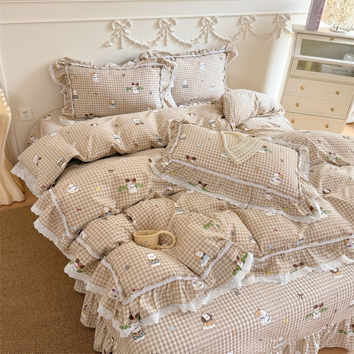 91家纺网 家纺一手货源 找家纺 吾欢心 2026新款古法水洗棉韩版公主风双层花边四件套 快乐小狗