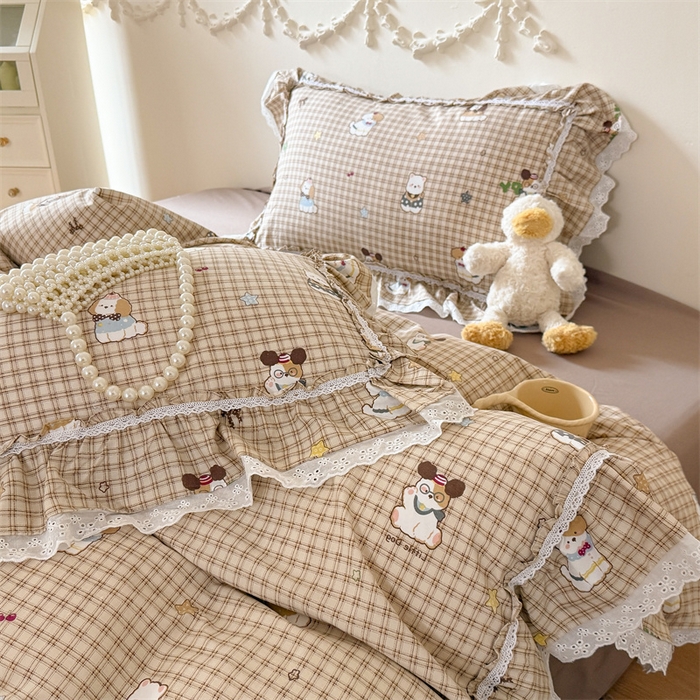 91家纺网 家纺一手货源 找家纺 吾欢心 2026新款古法水洗棉韩版公主风双层花边四件套 快乐小狗