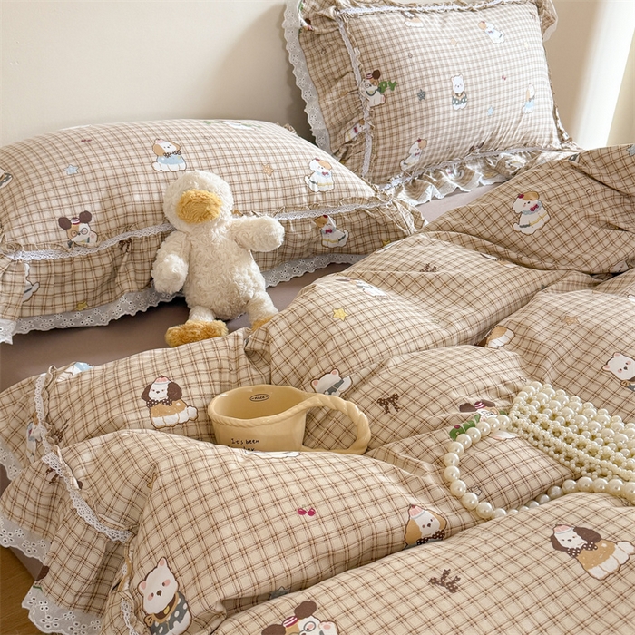 91家纺网 家纺一手货源 找家纺 吾欢心 2026新款古法水洗棉韩版公主风双层花边四件套 快乐小狗