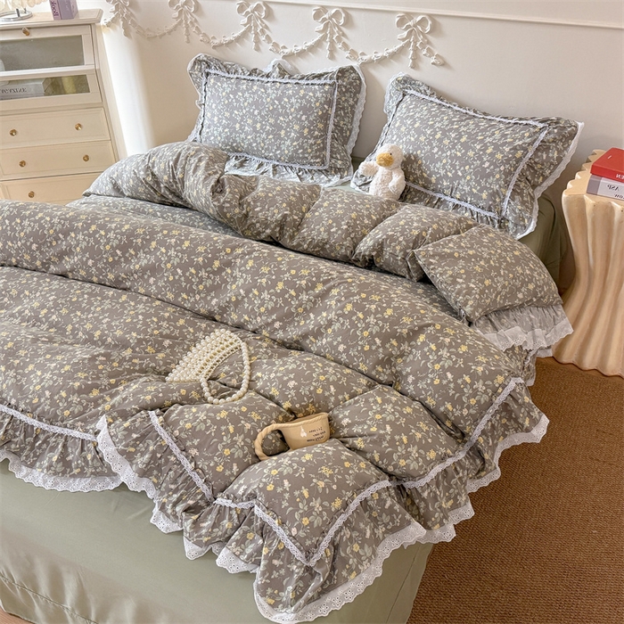91家纺网 家纺一手货源 找家纺 吾欢心 2026新款古法水洗棉韩版公主风双层花边四件套 花间拾梦
