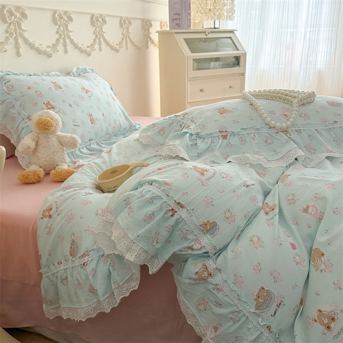 91家纺网 家纺一手货源 找家纺 吾欢心 2026新款古法水洗棉韩版公主风双层花边四件套 花园小熊