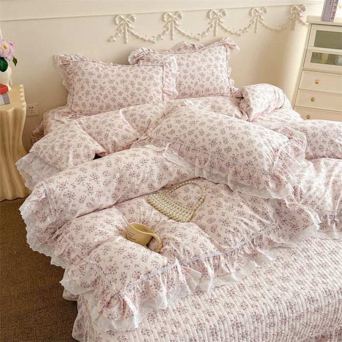 91家纺网 家纺一手货源 找家纺 吾欢心 2026新款古法水洗棉韩版公主风双层花边四件套 花韵