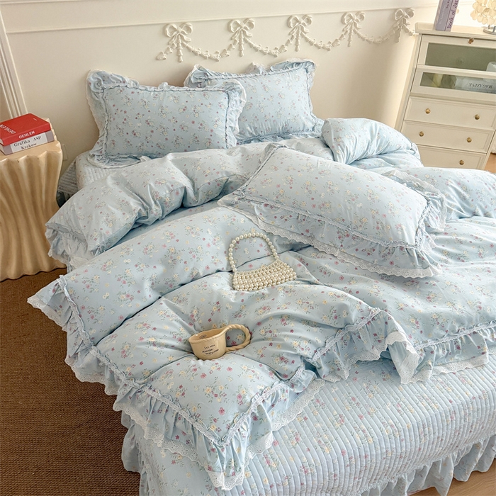 91家纺网 家纺一手货源 找家纺 吾欢心 2026新款古法水洗棉韩版公主风双层花边四件套 花开半夏